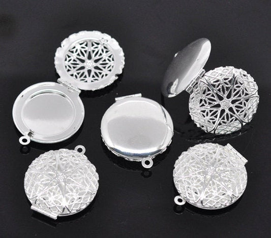 P744 - 5pcs. Silver Plated Carved Round Perfume Diffuser Pendant Photo Picture Locket Box - 32 X 27mm