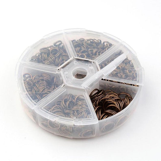 J302 - Assortment Box of Antique Bronze Split Jump Rings 4mm, 5mm, 6mm, 7mm, 8mm, 10mm - 1mm-1.3mm Thick - Plastic Storage Box Included