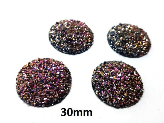RC0004 - 4 pcs Druzy Resin Embellishment Cabochons Magenta Pink Gold - 30mm (1.18 inch) - Dome Style