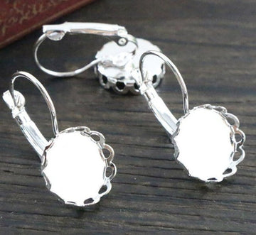 E442 - 10 pcs. Silver Plated Earring Clips Settings Lever Back Bezels Cabochons - 12mm Glue Pad Setting - Scalloped Crown Design