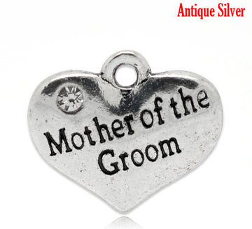 P064 - 10 pcs. Antique Silver "Mother of the Groom" charm with rhinestone- 16mm X 14mm