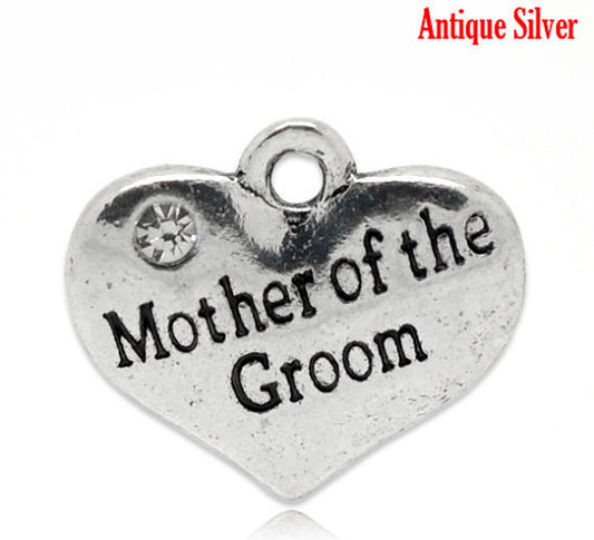 P064 - 10 pcs. Antique Silver "Mother of the Groom" charm with rhinestone- 16mm X 14mm