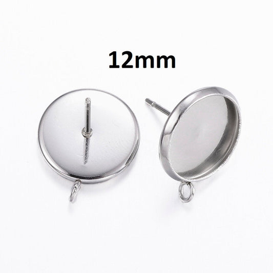 E390 - 10 pcs 304 Stainless Steel Silver Earring Posts Studs Settings Bezels Cabochons Tacks with Loop - 12mm Glue Pad Setting - Perpendicular Loop
