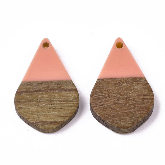 P1022 - 4 pcs. Coral Resin and Wood Teardrop Flat Pendant - 28mm x 18mm - (1.1" x 0.71") - SMALL - Great for Earrings and Necklaces!