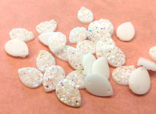 CA670 - 10 pcs Drusy Druzy Resin Embellishment Teardrop Cabochons - White Multicolor - 14x10mm - 14mm x 10mm - 10x14mm - Sew On - 2 Holes