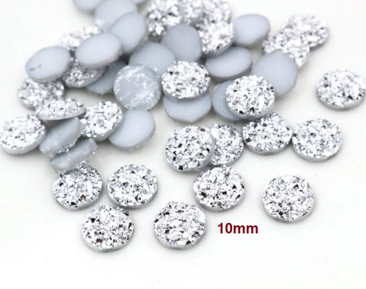 CA195 - 10 pcs Druzy Resin Embellishment Cabochons Silver - 10mm - Dome Circle
