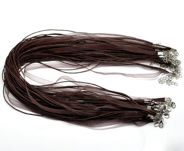 N218 - 15 pcs. Coffee Brown Organza Ribbon Waxen Cord Necklaces with Lobster Clasp - 17 inch (43 cm) - Claw Clasp