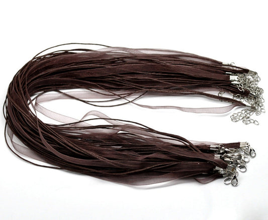 N218 - 15 pcs. Coffee Brown Organza Ribbon Waxen Cord Necklaces with Lobster Clasp - 17 inch (43 cm) - Claw Clasp