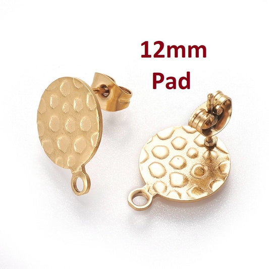 E561 - 10 pcs (5 pairs) 304 Stainless Steel Golden Earring Posts/Studs/Settings - 12mm Diameter - Hole Size: 1.8mm - TEXTURED - Style E - with Loop
