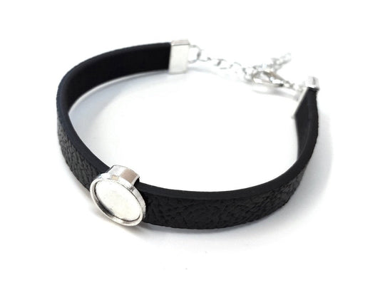 B064 - 2 pcs. Black Faux Leather Bracelets with 12mm Glue Pad Bezel Trays and Extender Chains - Adjustable from 7" to 9"