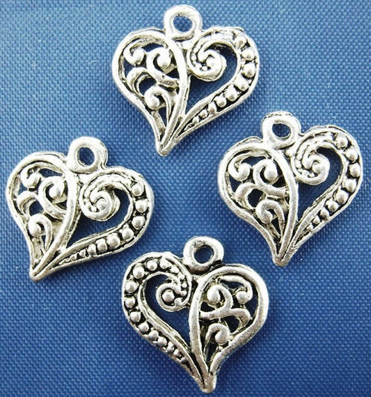 P742 - 100 pcs. Silver Tone Heart Tibetan Carved Filigree Dots Charms Pendants - 13mm x 14mm