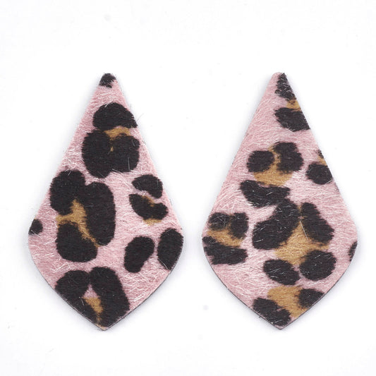 P1125 - 10 pcs. Faux Fur Leather Dangle Charms Pendants - Diamond Teardrop - Leopard - Pink - 58mm (2.3") - Great for Light Earrings and Dangles!