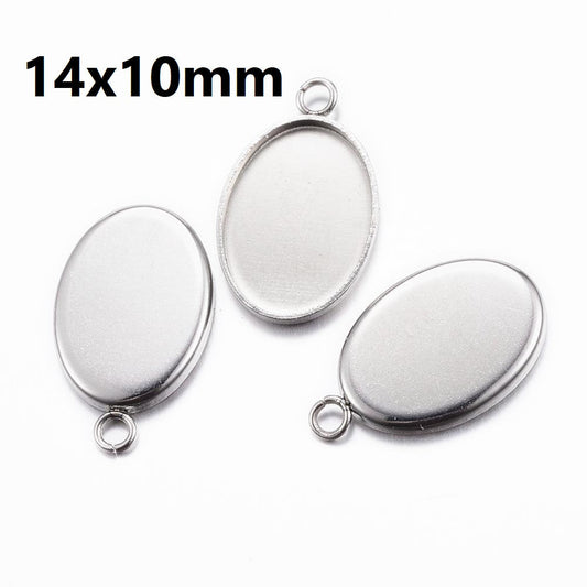 P2016 - 10 pcs. 304 Stainless Steel Oval Bezel Cabochon Pendant Tags Trays - 14mm x 10mm Glue Pad - Setting - Silver Tone - Tarnish Resistant!