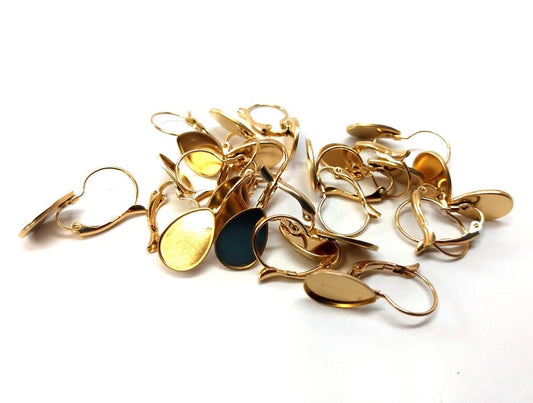 E578 - 10 pcs. (5 pairs) 304 Stainless Steel Gold Teardrop Earring Clips Lever Back Bezels Cabochons - 14mm x 10mm Glue Pad Setting - Drop