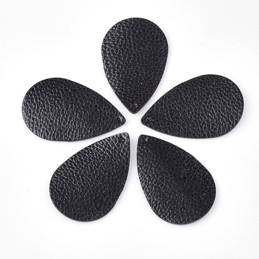 P2030 - 10 pcs. Black Faux Leather Dangle Charms Pendants - Teardrop - 38mm (1.5") - Great for Light Earrings or Dangles! Double-Sided