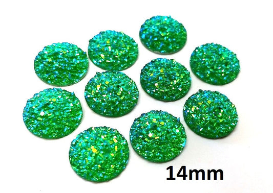 CA823 - 10 pcs Druzy Resin Embellishment Cabochons Green Multicolor - 14mm - Dome Circle