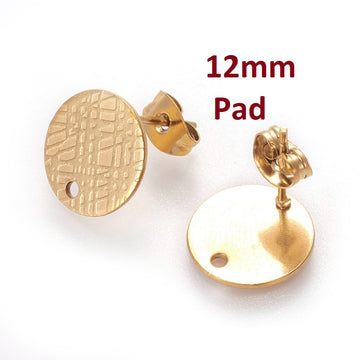 E701 - 10 pcs. (5 pairs) 304 Stainless Steel Golden Earring Posts/Bases/Studs/Settings - 12mm Diameter - Hole Size: 1.8mm - TEXTURED - Style A