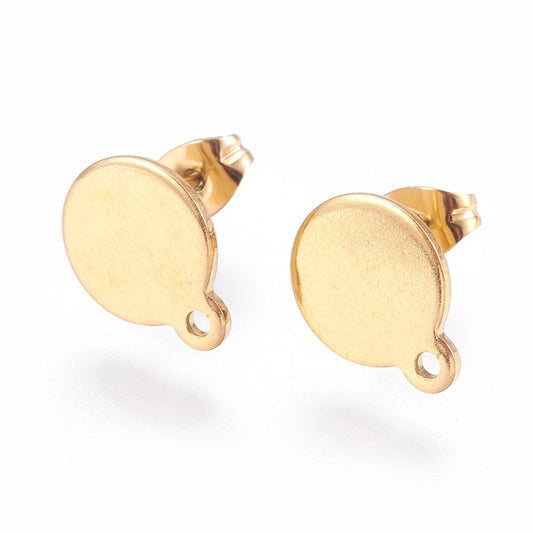 E388 - 10 pcs. (5 pairs) 304 Stainless Steel Golden Earring Posts/Bases/Studs/Settings - 12.5mm x 10mm - 10mm Diameter - Hole Size: 1.4mm
