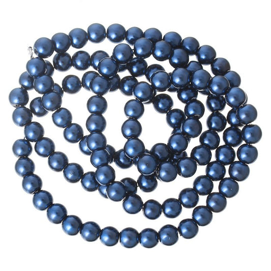 BD147 - 8mm Dark Blue Glass Pearl Imitation Round Beads - 32 inch strand - Approx. 105 beads - Hole Size: 1mm