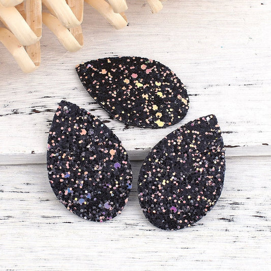 P2036 - 10 pcs. Black Multicolor Glitter Faux Leather Dangle Charms Pendants - Teardrop - 39mm (1.53") - Great for Light Earrings and Dangles!