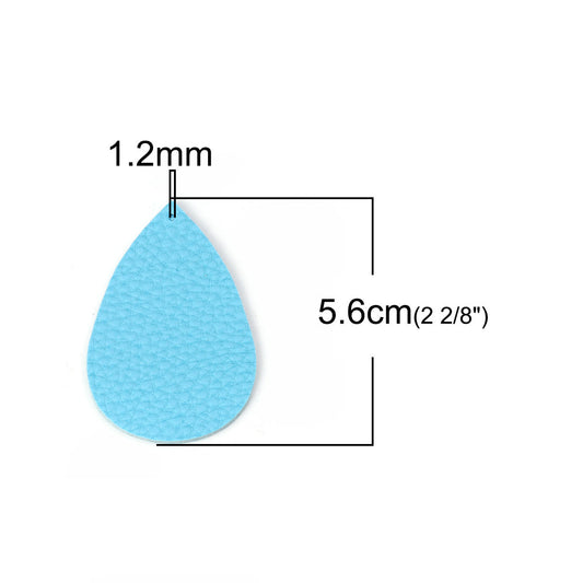 P632 - 10 pcs. Light Blue Faux Leather Dangle Charms Pendants - Teardrop - 56mm (2.2") - Great for Light Earrings or Dangles! Double-Sided