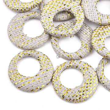 P402 - 4 pcs. Gray and Gold Raffia Dangle Charms Pendants - Circle Hoop Weave - 44mm (1.73") - Great for Earrings or Dangles!