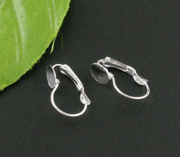 E305 - 10 pcs. Silver Plated Earring Clips Settings Lever Back Posts Cabochons - 8mm Glue Pad Setting
