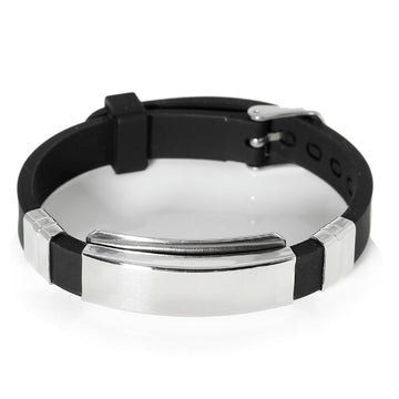 B089 - 1pc. Black Smooth Silicone Bracelet with 304 Stainless Steel Silver Tone Rectangle Stamping Blank - 8 7/8 in (22.7 cm)