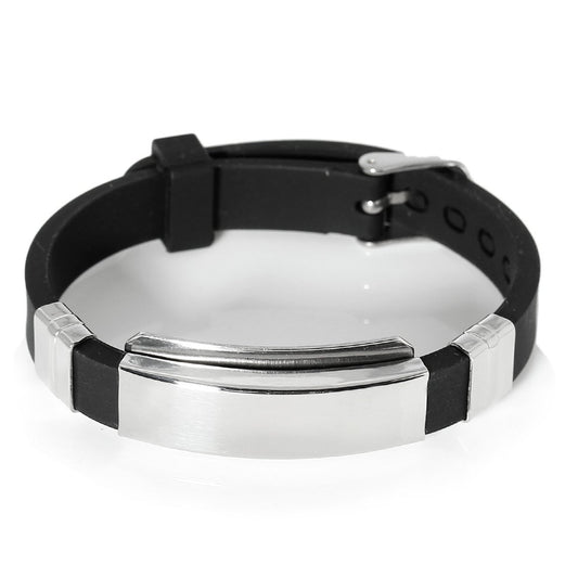 B089 - 1pc. Black Smooth Silicone Bracelet with 304 Stainless Steel Silver Tone Rectangle Stamping Blank - 8 7/8 in (22.7 cm)