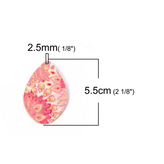P725 - 10 pcs. Pink Floral Faux Leather Dangle Charms Pendants - Sparkle - Teardrop - 55mm (2.17") - Double Sided - Great for Earrings or Dangles!