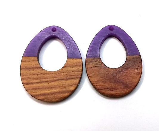 P1197 - 4 pcs. Purple Resin and Wood Teardrop Flat Pendant - 38mm x 28mm - (1.5" x 1.1") - LARGE - Great for Earrings and Necklaces!