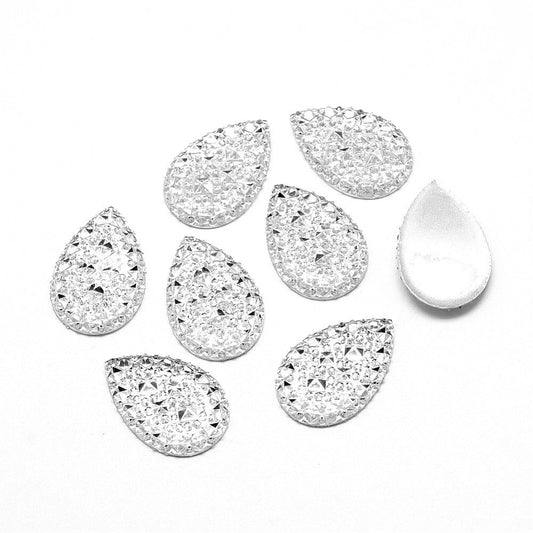 CA741 - 10 pcs Druzy Resin Embellishment Cabochons Clear White Silver- 18mm x 13mm - Shimmer Style - Teardrop