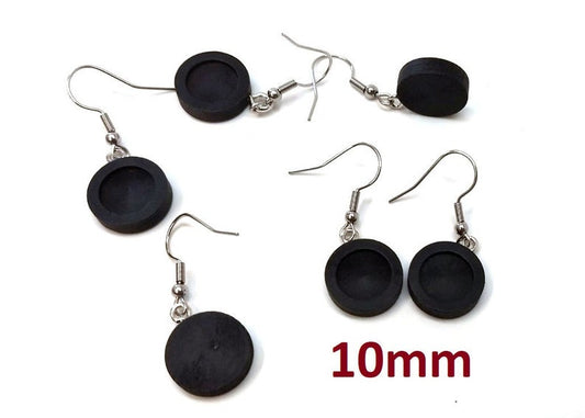 E550 - 10 pcs. Stainless Steel Silver Tone Earring Dangle Hooks Settings Bezels Cabochons - 10mm Glue Pad Setting - Wood Trays - Black