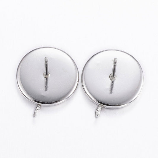 E390 - 10 pcs 304 Stainless Steel Silver Earring Posts Studs Settings Bezels Cabochons Tacks with Loop - 12mm Glue Pad Setting - Perpendicular Loop
