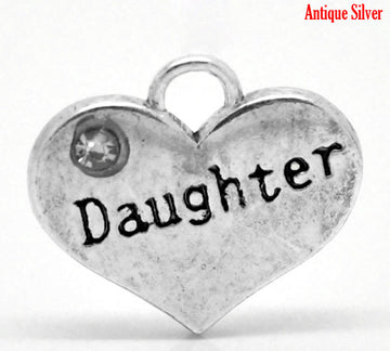 P065 - 10 pcs. Antique Silver "Daughter" charm with rhinestone - 17mm X 14mm