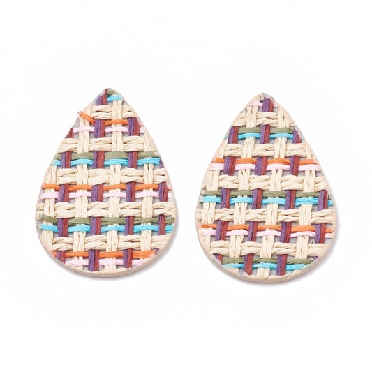 P246 - 10 pcs. Multicolor Faux Leather Dangle Charms Pendants - Teardrop Embroidered Weave - 56mm (2.2") - Great for Earrings or Dangles!
