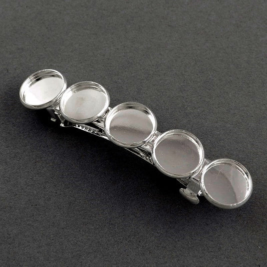 H042A - 2 pcs Silver Plated French Hair Barrettes Hair Clips - 71mm x 14mm - 12mm Glue Pad - LARGE - 5 Bezels