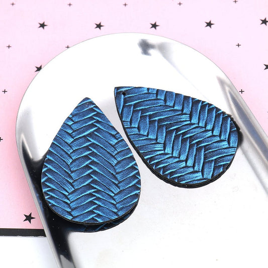 P1067 - 10 pcs. Blue Faux Leather Dangle Charms Pendants - Teardrop Braided Weave - 56mm (2.2") - Great for Light Earrings or Dangles! Double-Sided