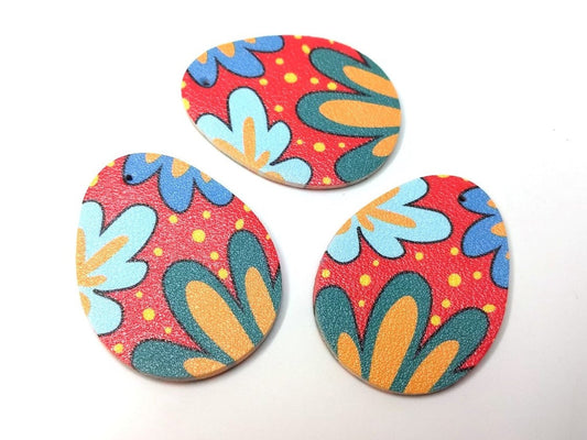 P2068 - 6 pcs. Red Faux Leather Dangle Charms Pendants - Egg Teardrop - Easter - 51mm (2") - Double-Sided - Flowers