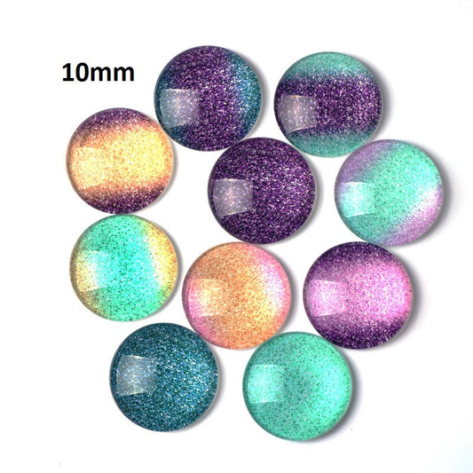 CA695 - 10 pcs Assortment of Circle Bi-Color Glitter Pattern Glass Round Dome Seals Tiles Cabochons - 10mm