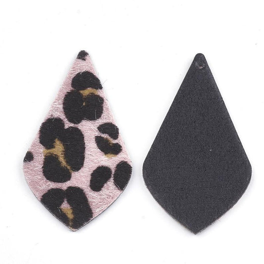 P1125 - 10 pcs. Faux Fur Leather Dangle Charms Pendants - Diamond Teardrop - Leopard - Pink - 58mm (2.3") - Great for Light Earrings and Dangles!