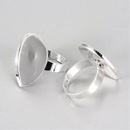 RB038 - 10 pcs. Silver Plated ADJUSTABLE Cabochon Setting Bezel RING bases settings - Ring Size 8 US - Glue Pad - 25mm x 18mm - Teardrop - 25x18mm