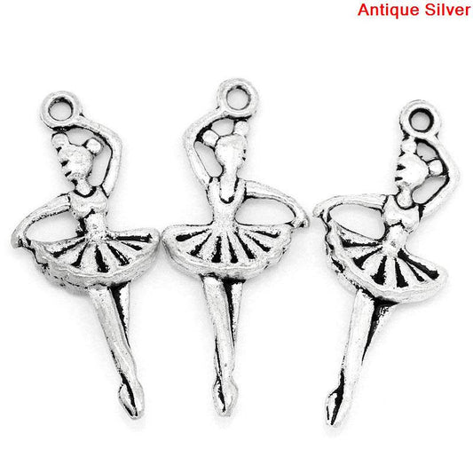 P106 - 10 pcs. Antique Silver Ballet Dancer Girl Ballerina Charms Pendants - 29mm x 12mm