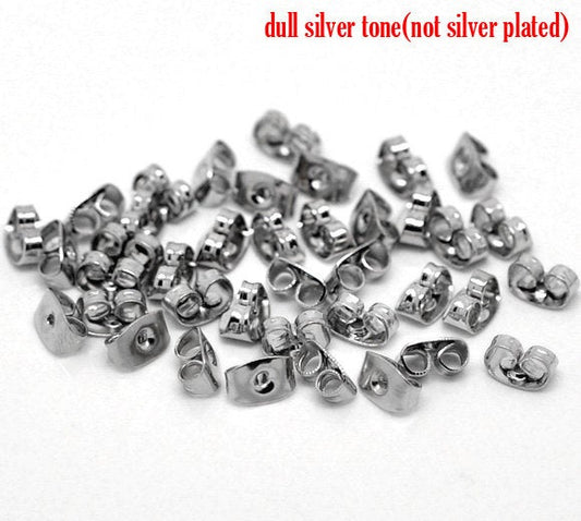 E431A - 100 pcs (50 Pairs) Silver Tone Ear Nuts - 6mm x 5mm - Earring Stoppers! - Butterfly Design
