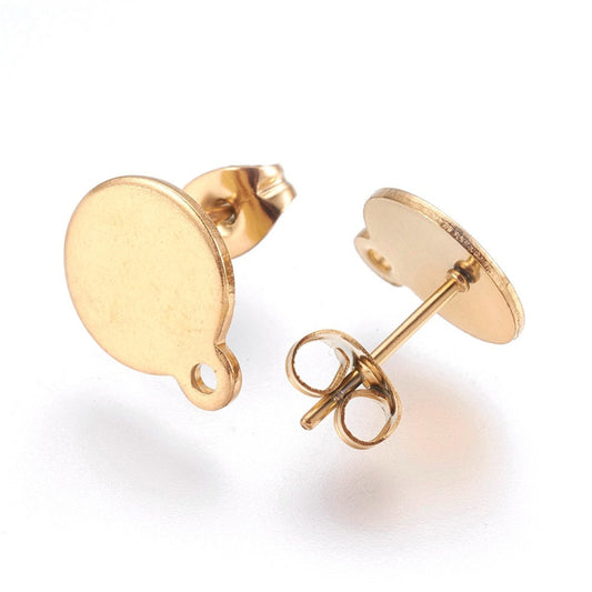 E388 - 10 pcs. (5 pairs) 304 Stainless Steel Golden Earring Posts/Bases/Studs/Settings - 12.5mm x 10mm - 10mm Diameter - Hole Size: 1.4mm