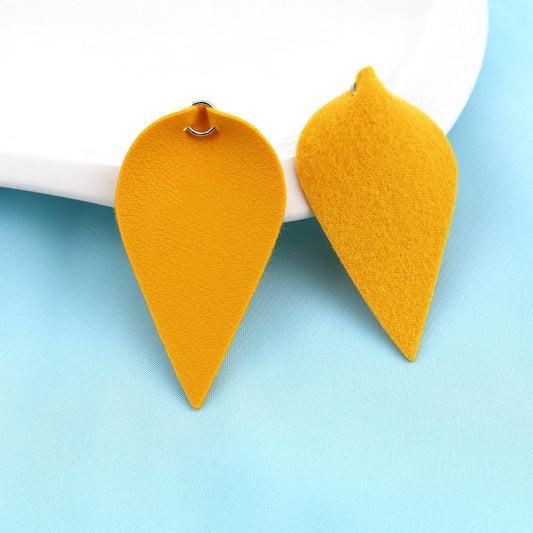 P035 - 10 pcs Yellow Mustard Faux Leather Dangle Charms Pendants - Pinch Leaf - Silver Tone Jump Ring - 63mm (2.5") - Great for Earrings or Dangles