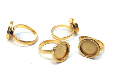 RB035 - 1 pc. 304 Stainless Steel Cabochon Setting Bezel RING bases - Ring Size 8 US - Glue Pad 12mm - Golden - FLAT design