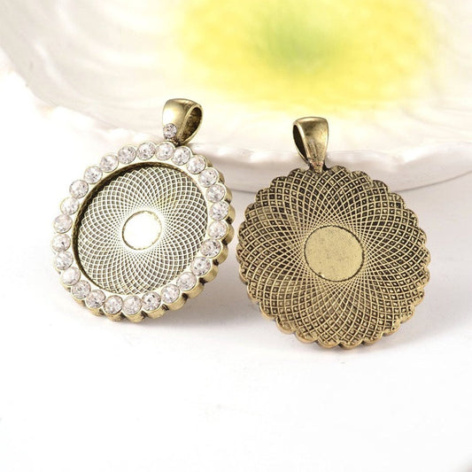 P2220 - 2 pcs. Antique Bronze Rhinestone Pendant Trays Circle Posts Settings Bezels Cabochons - 25mm Glue Pad Setting (1 inch)