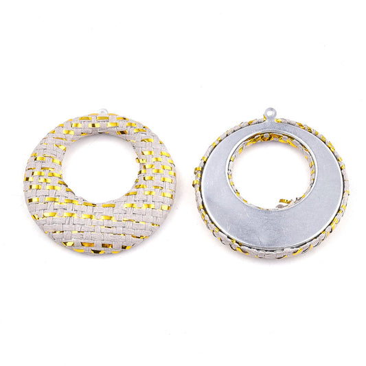 P402 - 4 pcs. Gray and Gold Raffia Dangle Charms Pendants - Circle Hoop Weave - 44mm (1.73") - Great for Earrings or Dangles!