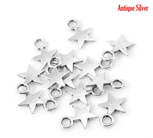 P2041 - 100pcs. Antique Silver Star Charms Pendants - 11mm x 9mm (0.43 in x 0.35 in) - 9x11mm